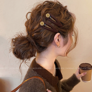 复古棕色圆球发夹女bb夹边夹2026新款前额发卡高端刘海夹子头饰秋