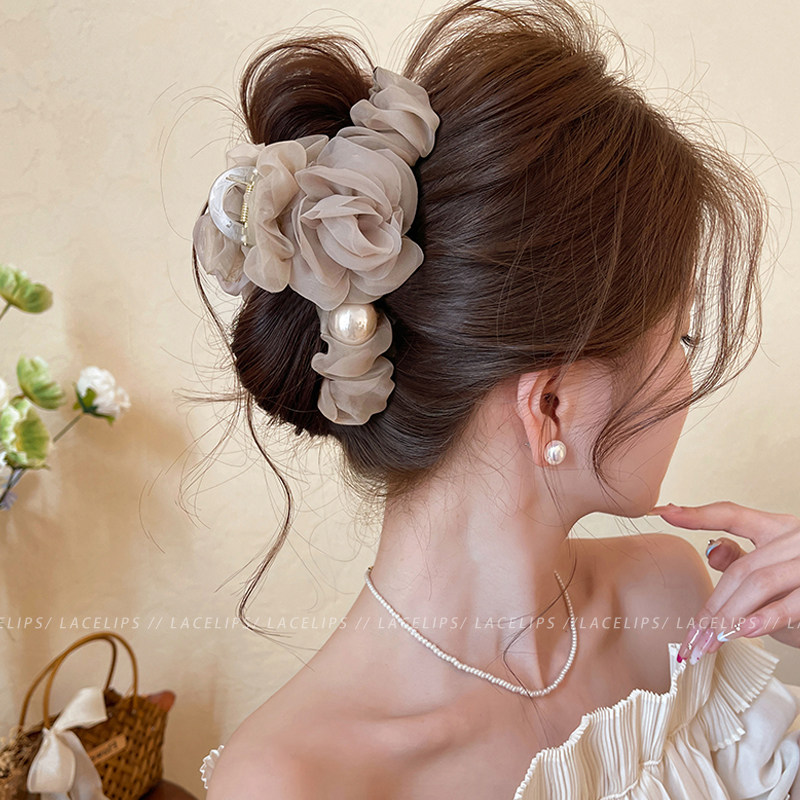 浪漫花韵~头发抓夹女网纱花朵珍珠鲨鱼夹高级感后脑勺盘发夹头饰