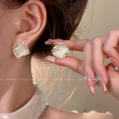 四方来财耳钉女轻奢高级感方块猫眼形耳环小众气质独特网红耳饰品