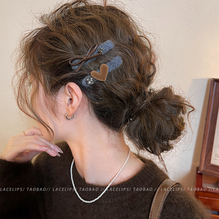 蝴蝶结爱心闪钻发夹女气质毛线发卡2025新款 侧边夹刘海夹高端头饰