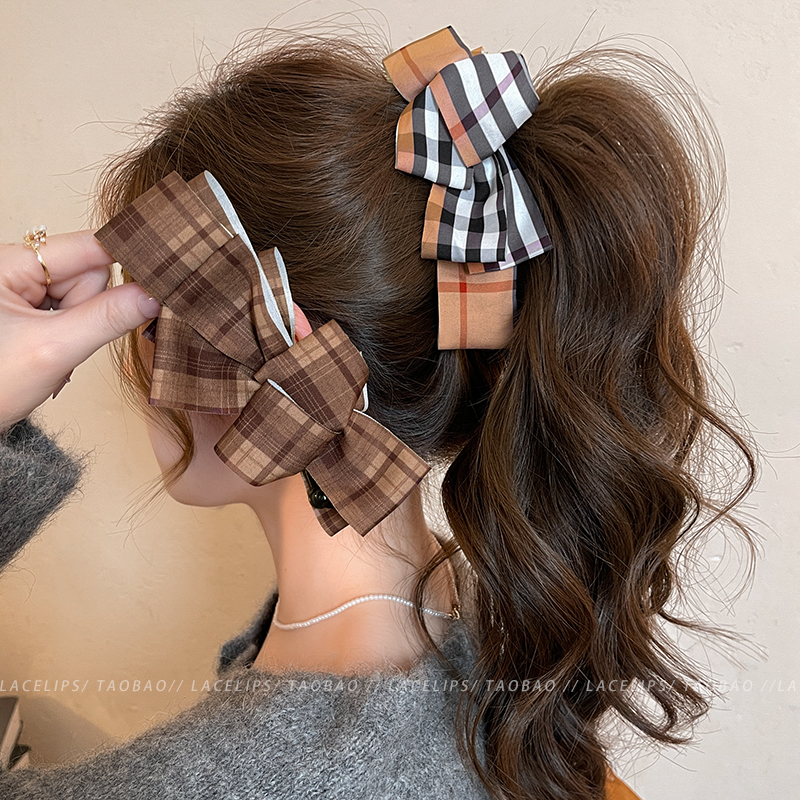格纹蝴蝶结高马尾香蕉夹抓夹女