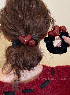 红色爱心圆珠丝绒发圈女气质扎头发绳高级感皮筋头绳洋气时尚发饰