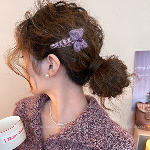 温柔毛线蝴蝶结发夹女甜美紫色侧边夹2025新款 高端发卡刘海夹头饰
