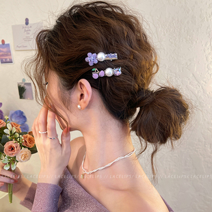头饰春 紫色花朵樱桃闪钻发夹女甜美边夹发卡侧边碎发刘海夹子新款