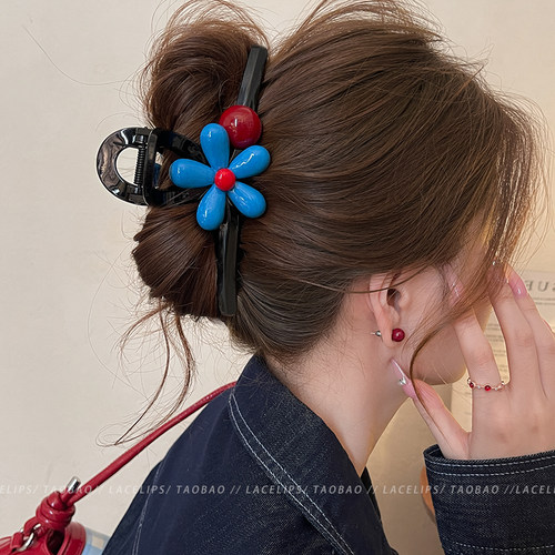 蓝色花朵圆珠头发抓夹女高级感