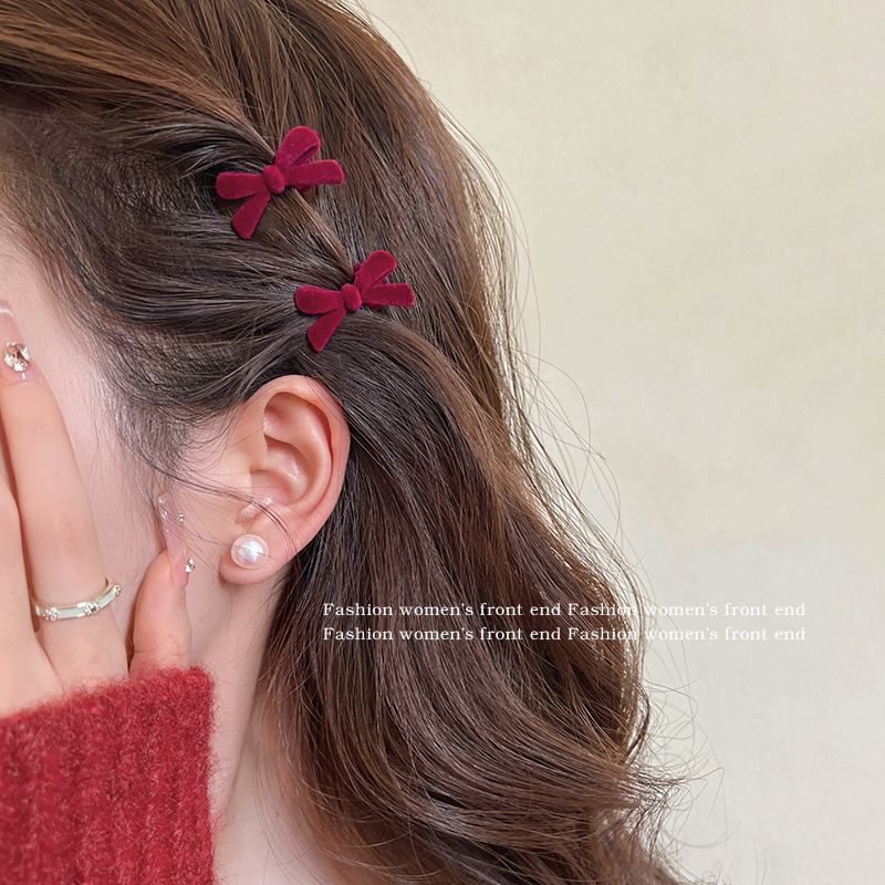 青春甜美~圣诞红丝绒蝴蝶结发夹