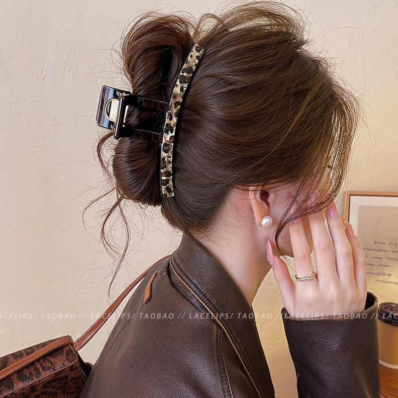 韩系气质豹纹头发抓夹女高级感