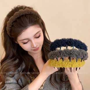 高颅顶毛绒带齿发箍女2026新款洗脸发卡时尚秋冬头箍日常外戴头饰