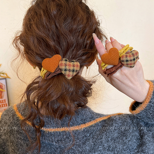 甜美格纹爱心皮筋发圈女高级感百搭扎丸子头发绳洋气时尚 头绳发饰