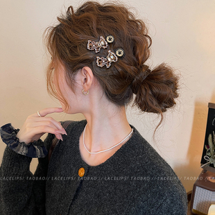 闪钻豹纹小狗纽扣发夹女2025新款侧边夹高端发卡前额刘海夹子头饰