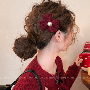 新年红色蝴蝶结发夹女独特漂亮侧边夹珍珠发卡2026新款刘海夹头饰
