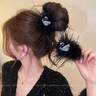 天鹅之梦~丸子头抓夹女黑色羽毛鲨鱼夹高级感独特漂亮发夹发饰冬