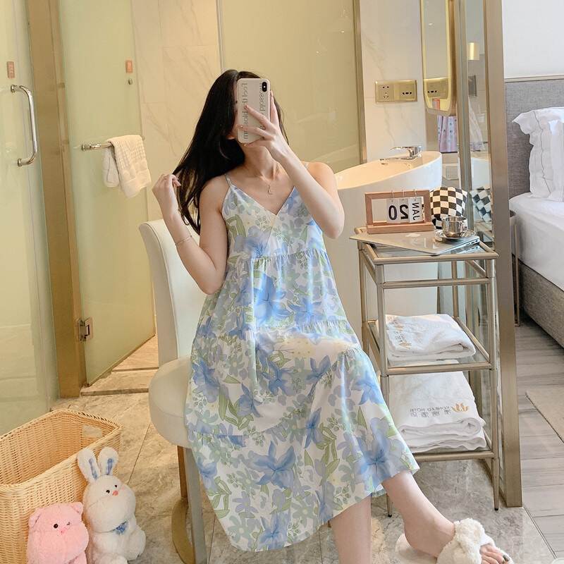 棉绸连衣裙年f轻款裙子棉调女装粘稠呆掉带睡衣i女夏天棉球吊睡裙