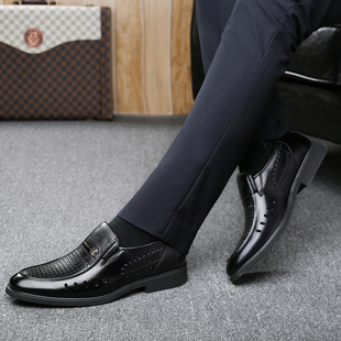 男士高跟凉鞋真皮高级中年人爸爸皮鞋隐形内增高打孔洞洞透气男鞋