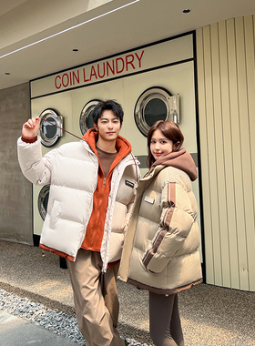 新款加厚外套情侣装冬季假两件连帽棒球棉服男女高级感韩系棉袄