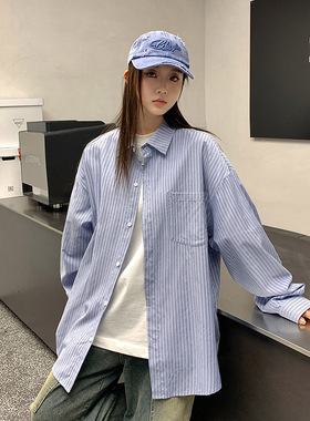 2025美式蓝色条纹衬衫男女翻领长袖百搭休闲开衫独特别致ins上衣