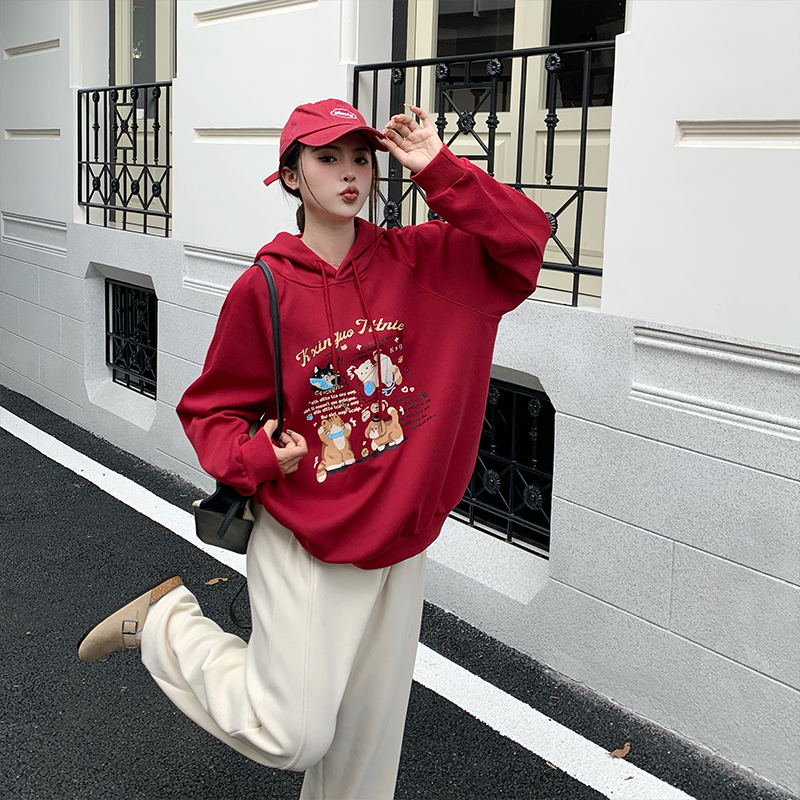 2025胖晶晶大码女装卫衣秋冬可爱印花宽松型连帽卫衣 加绒加厚