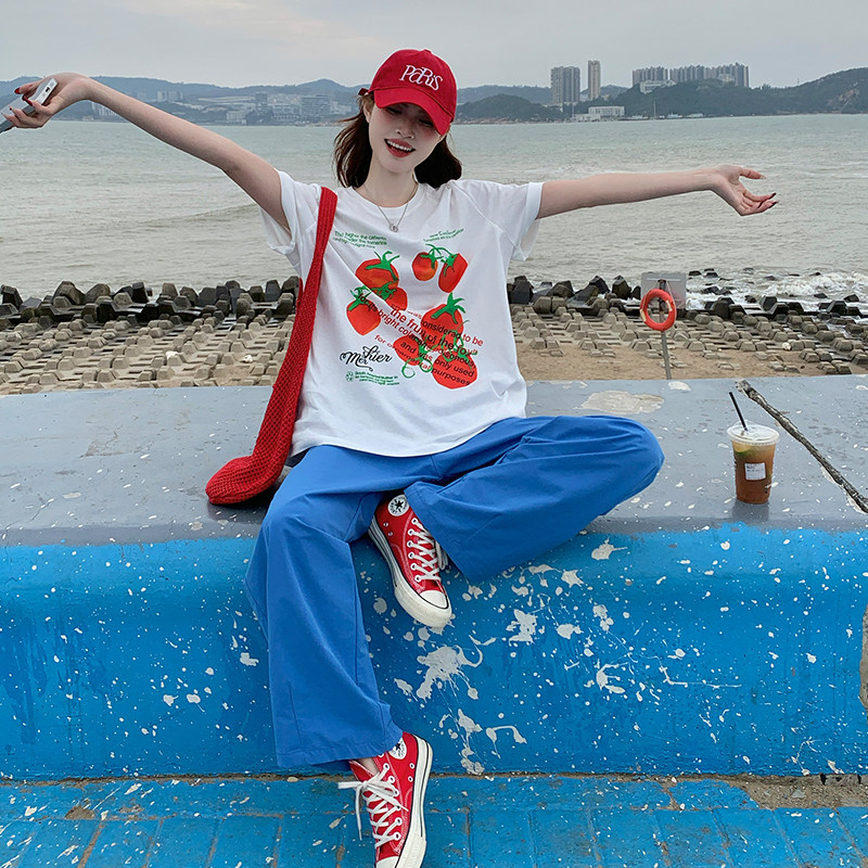 2026大码女装夏季印花T恤西红柿满印大码T恤松紧腰蓝色裤子两件套