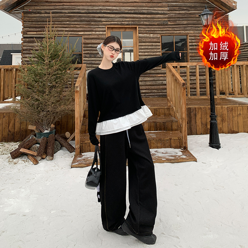 2025胖晶晶加绒冬季大码女装两件套 大码女装圆领冬季打底衫裤子