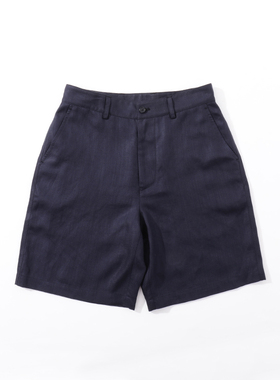 MUSLUN2025夏新款深蓝色亚麻天丝混纺休闲短裤男舒适高级老钱风