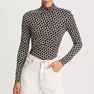 T恤上衣 半高领桑蚕丝针织弹力女式 欧美时尚 春秋印花百搭通勤长袖