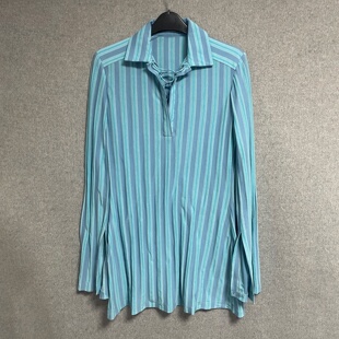 翻领宽松棉质蓝色条纹女衬衫 欧美时尚 通勤风长袖 新款 上衣 春秋夏季