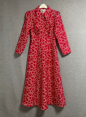 欧美时尚春秋冬季新款红色印花翻领长袖高腰长裙羊毛真丝连衣裙