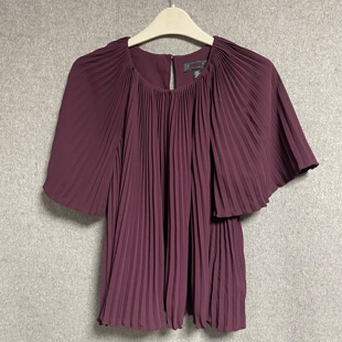 衬衫 欧美时尚 甜美酒红简约褶皱泡泡袖 新款 女圆领宽松百搭上衣 夏季