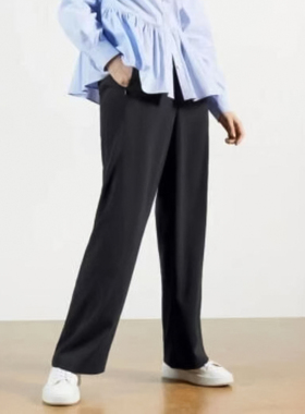 欧美时尚春秋夏季简约风藏青色垂感休闲长裤通勤百搭高腰直筒裤女