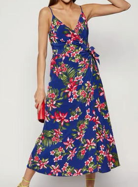 欧美时尚夏季休闲度假风蓝色印花无袖吊带收腰中长款棉质连衣裙