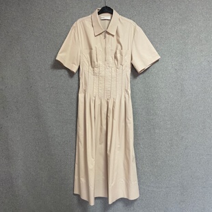 简约工装 新款 翻领拉链短袖 收腰褶皱中长款 连衣裙 欧美时尚 衬衫 夏季
