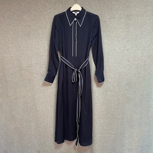 中长裙连衣裙 通勤气质系带藏青色通勤风收腰衬衫 欧美时尚 春秋新款