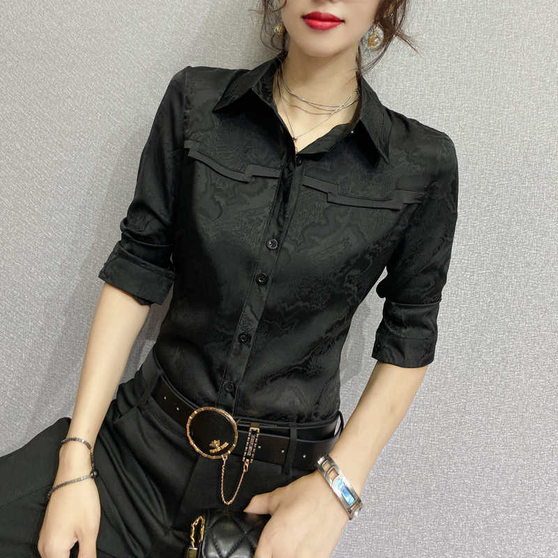 修身韩版长袖真丝中国风女士衬衫
