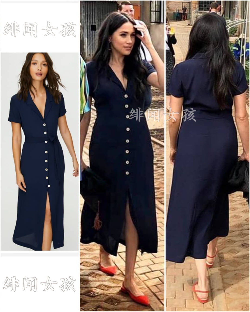 梅根王妃同款连衣裙茶歇裙 连衣裙秋冬中长裙英伦淑女时尚V领休闲