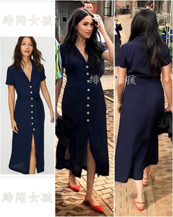 梅根王妃同款 V領(lǐng)休閑 連衣裙夏夏中長裙英倫淑女時尚 連衣裙茶歇裙