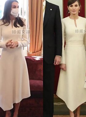 西班牙王妃同款连衣裙女秋秋长袖 时尚气质不规则裙摆淑女礼服裙