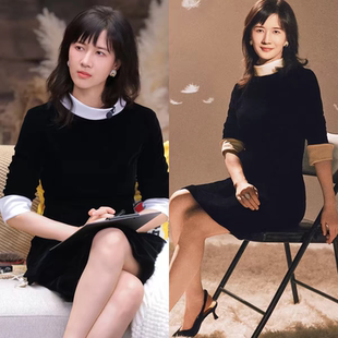 小香风赫本风金丝绒小黑裙连衣裙秋时尚优雅复古收腰遮肚大码女装