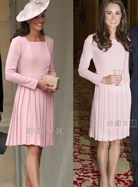限时特价！凯特王妃同款连衣裙女夏 时尚方领百褶裙A字裙淑女甜美
