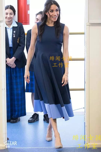 通勤OL時尚 梅根王妃同款 時尚 拼色 連衣裙夏夏 長裙大擺裙禮服裙