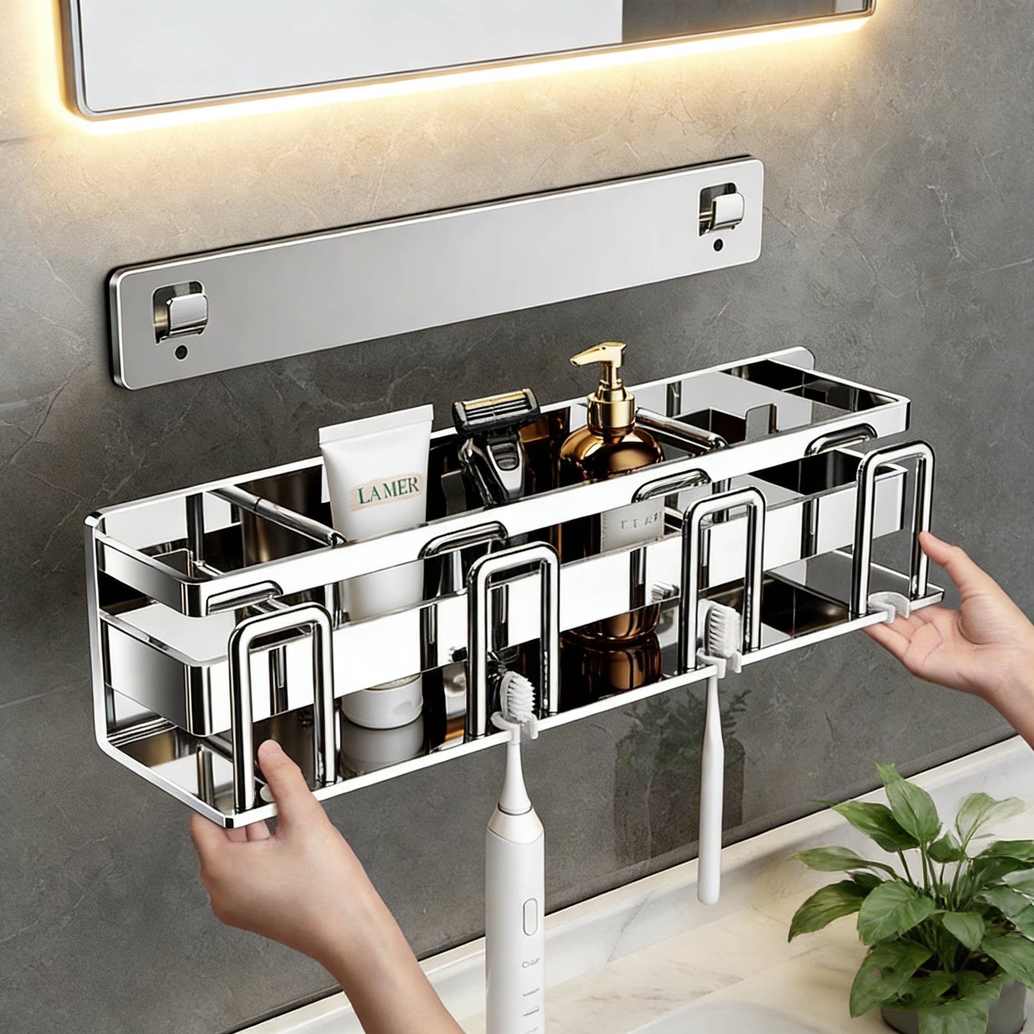 304不锈钢牙刷浴室置物架免打孔卫生间漱口杯电动牙刷牙具收纳架