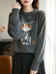 023新款 女宽松显瘦百搭毛衣打底上衣 圆领猫咪羊毛针织衫