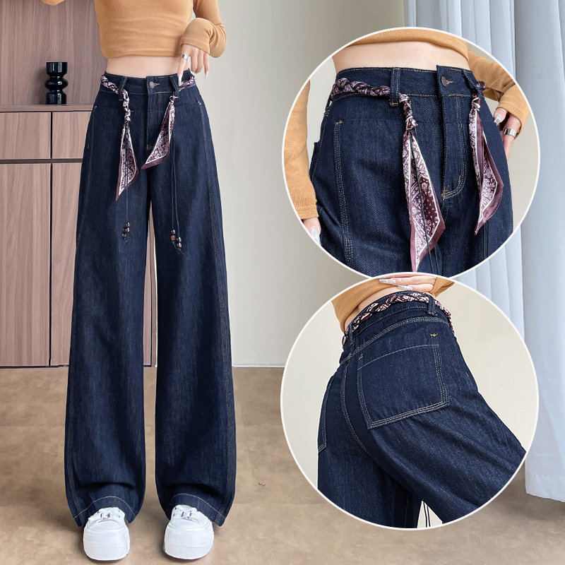 深蓝色超火阔腿牛仔裤女