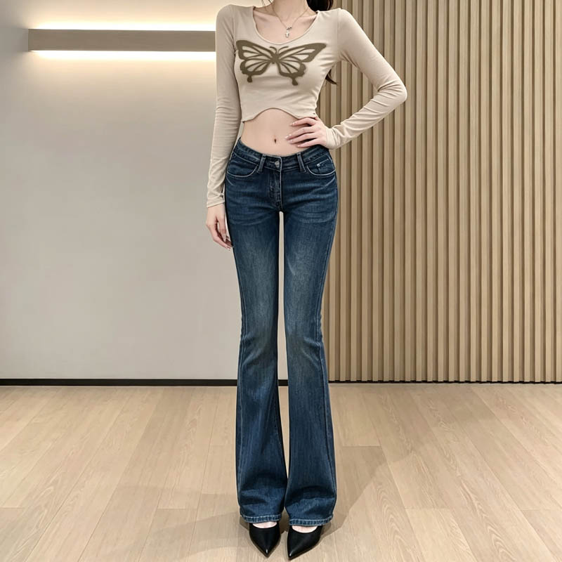 深蓝色低腰微喇牛仔裤女2026秋季新款美式辣妹弹力紧身喇叭长裤子