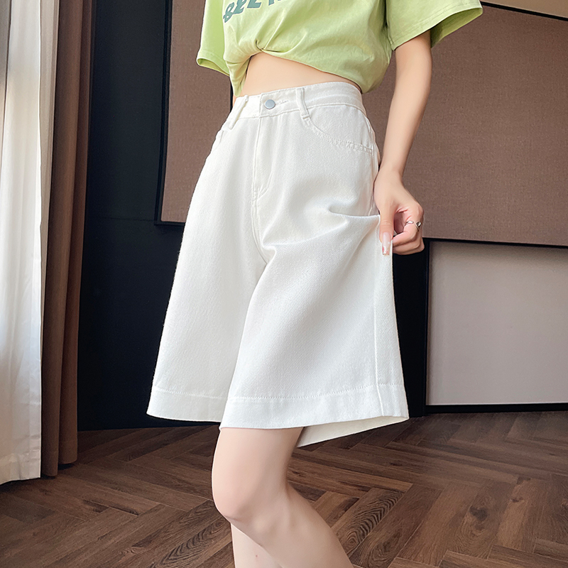 白色刺绣阔腿五分牛仔短裤女2025夏薄款小个子百搭宽松a字中裤子