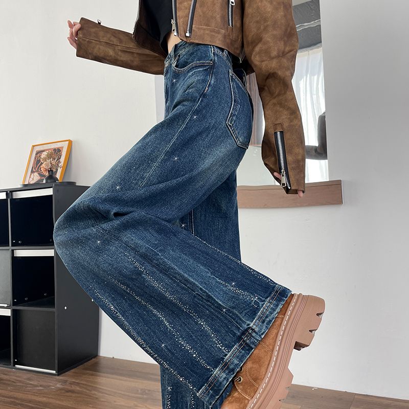 闪钻设计感阔腿牛仔裤女裤牛仔蓝