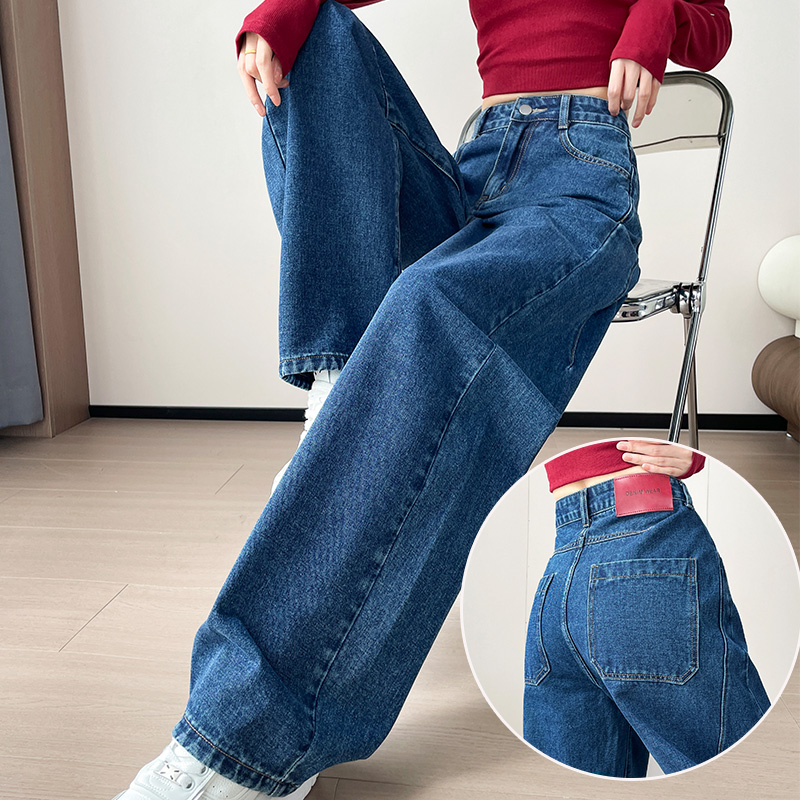 蓝色拼接阔腿牛仔裤女宽松弯刀裤