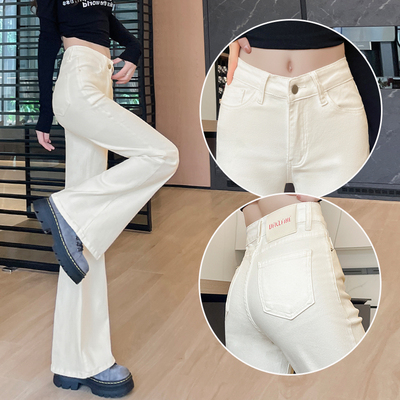白色弹力微喇牛仔裤女马蹄喇叭裤