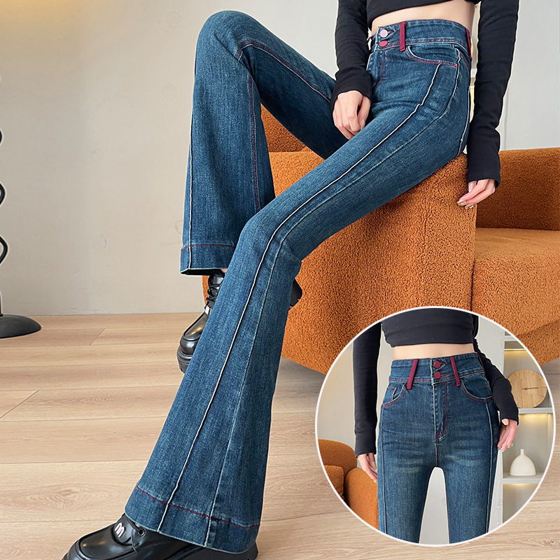 拼色微喇叭牛仔裤女弹力复古长裤