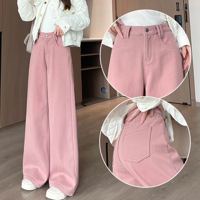 粉色少女风阔腿牛仔裤女2026春季新款宽松不贴腿显高拖地直筒裤子,女装/女士精品,牛仔裤,淘宝优惠券,粉丝福利购,淘宝优惠卷