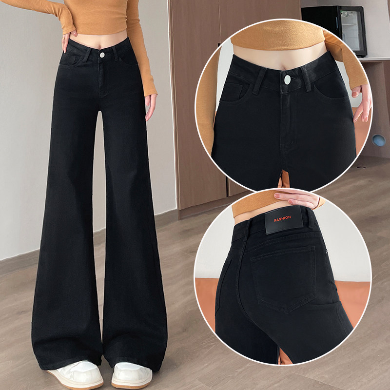 黑色弹力微喇牛仔裤女2025秋冬新款加绒加厚宽松超火阔腿喇叭裤子,女装/女士精品,牛仔裤,淘宝优惠券,粉丝福利购,淘宝优惠卷